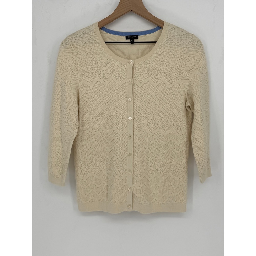Talbots Cardigan Sweater Medium Petite Cream Pointelle Knit Grandmacore Soft